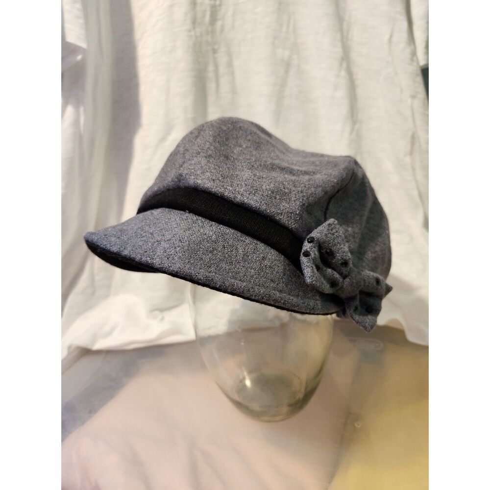 Newsboy Pageboy Hat Gray w/ Black Band w/ Lightly Bedazzled Bow on the Side